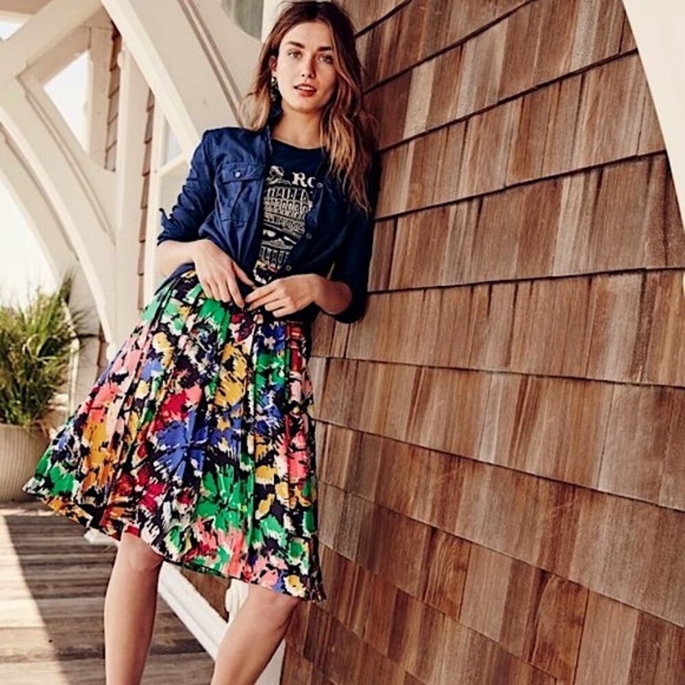 J. Crew Silk Pleated Brushstroke Print Midi Skirt